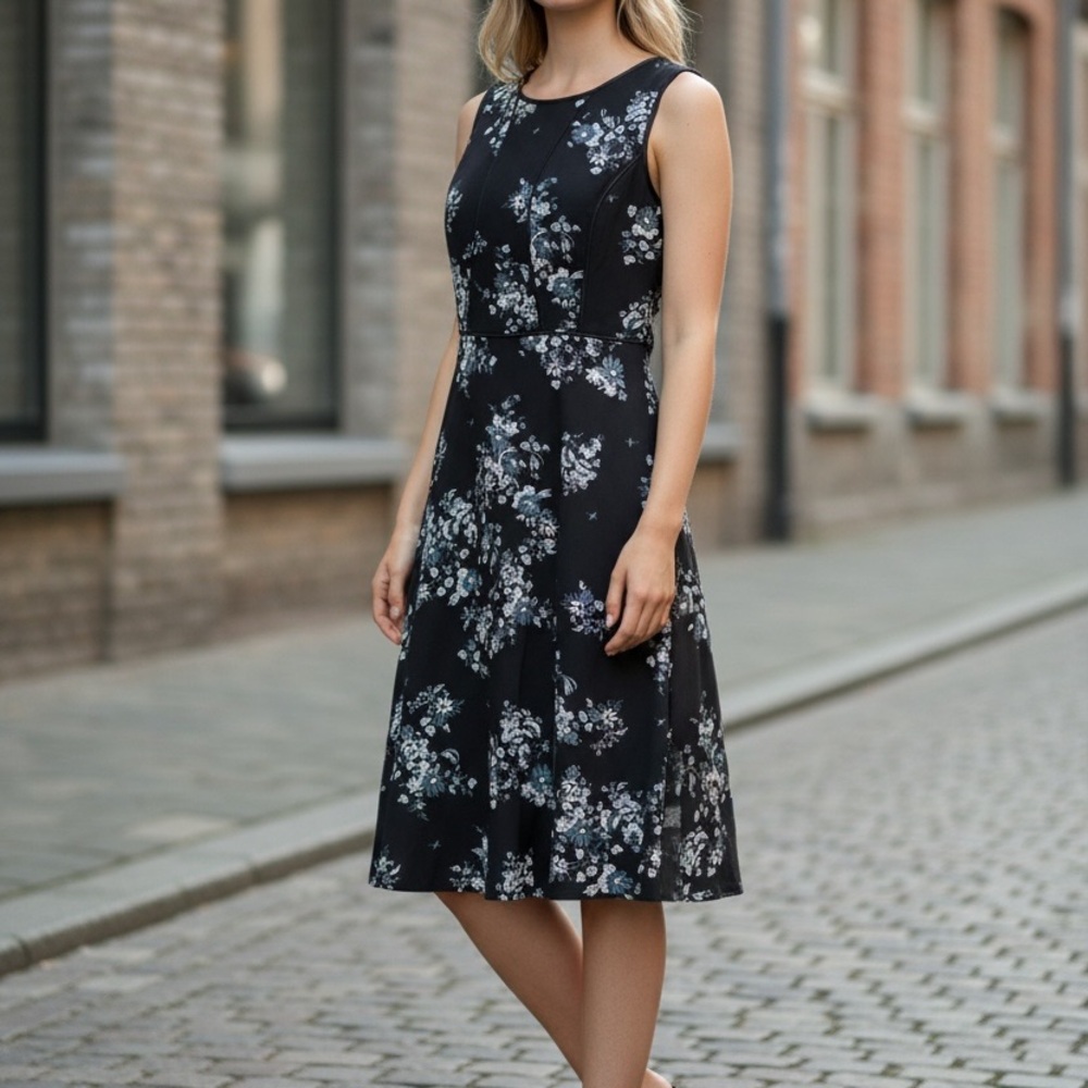 Ann Taylor Black Floral Midi Dress